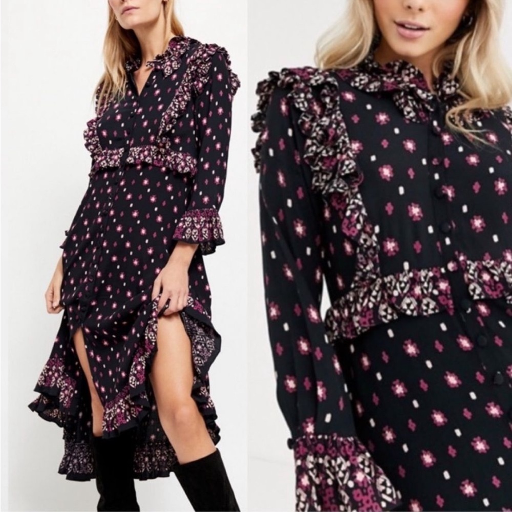 Free People Romantic Ruffles Calico Midi Dress Size S‎